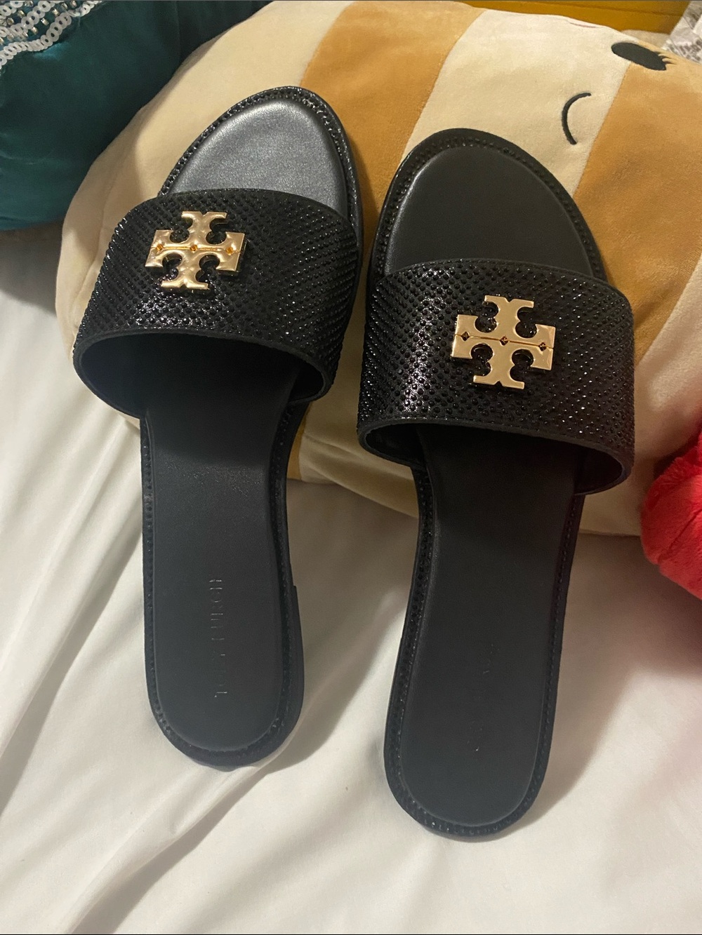 Tory Burch Black Slide Sandals with Gold Logo